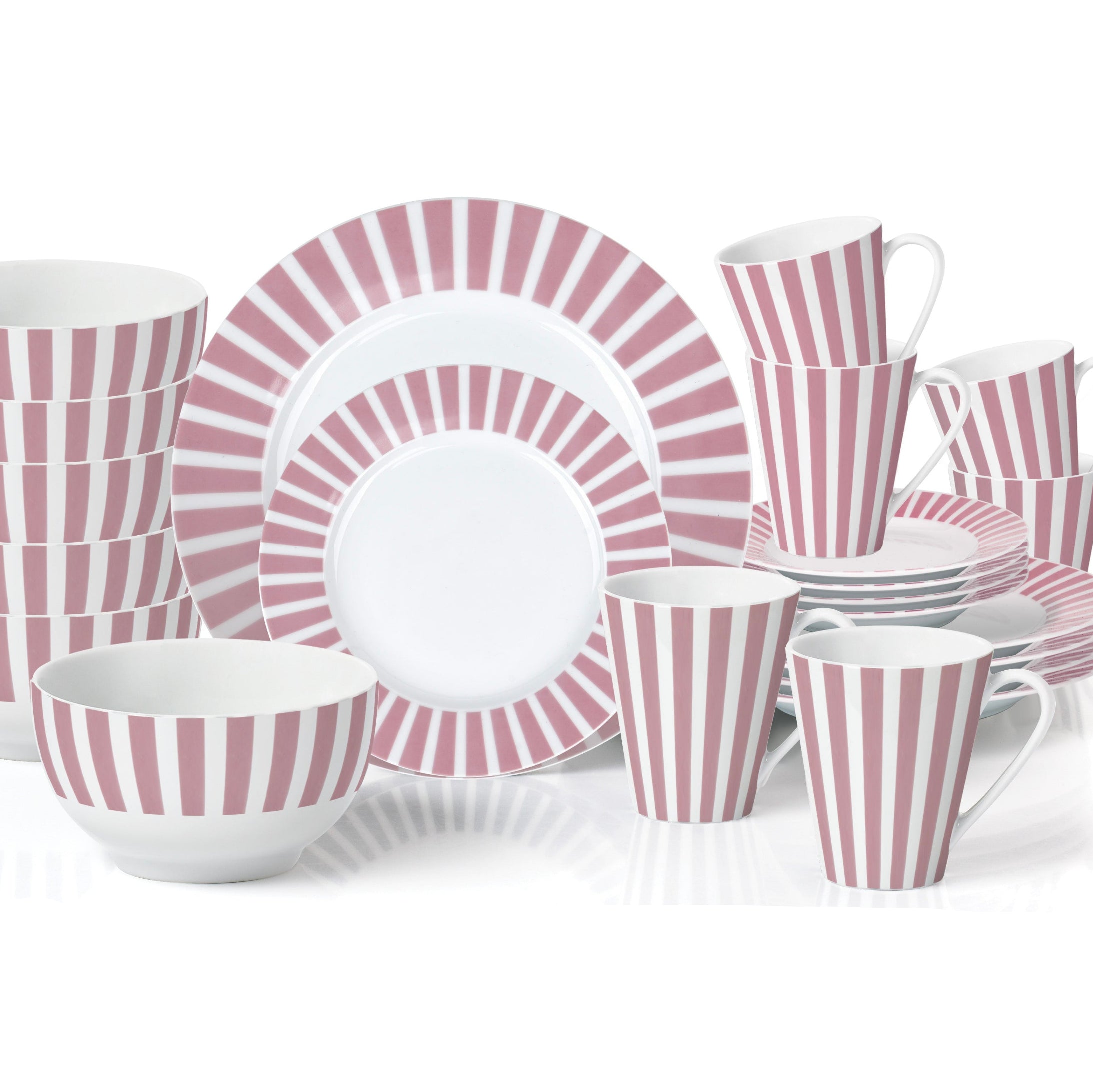Set of pink and white striped ceramic dinnerware including cups, bowls, and plates on a white background.