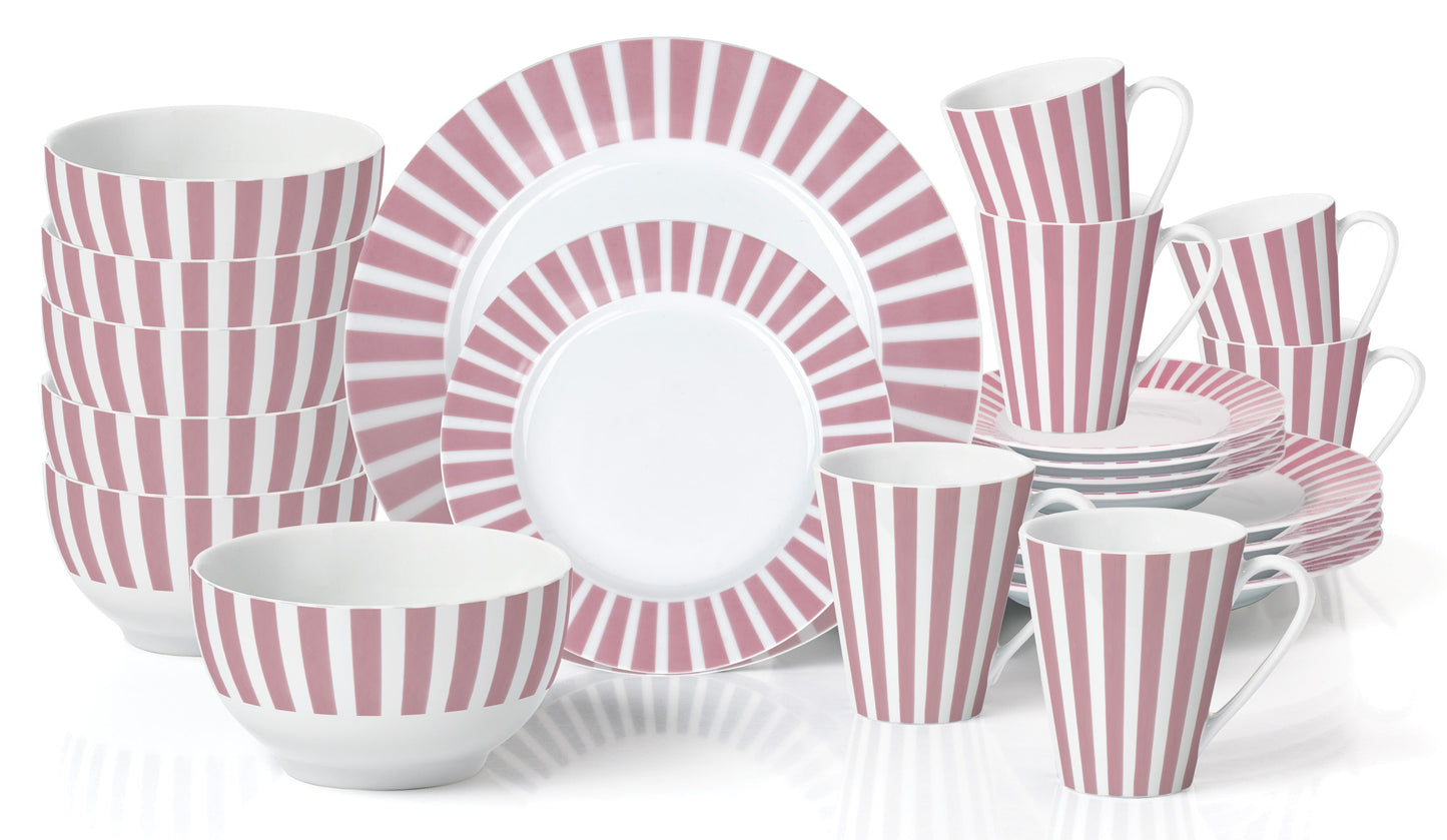 Pastel Pink Split Stripe Porcelain Dinnerware Set, 24 Pieces