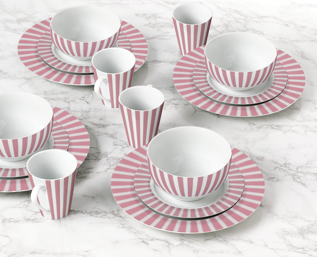 Waterside 24pc Pastel Pink Split Stripe Porcelain Dinnerware Set