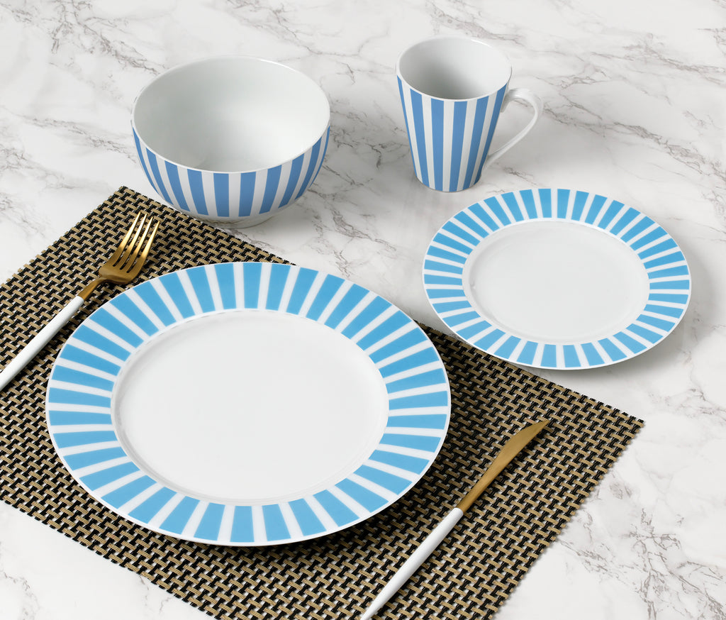 Waterside 24pc Soft Blue Split Stripe Porcelain Dinnerware Set