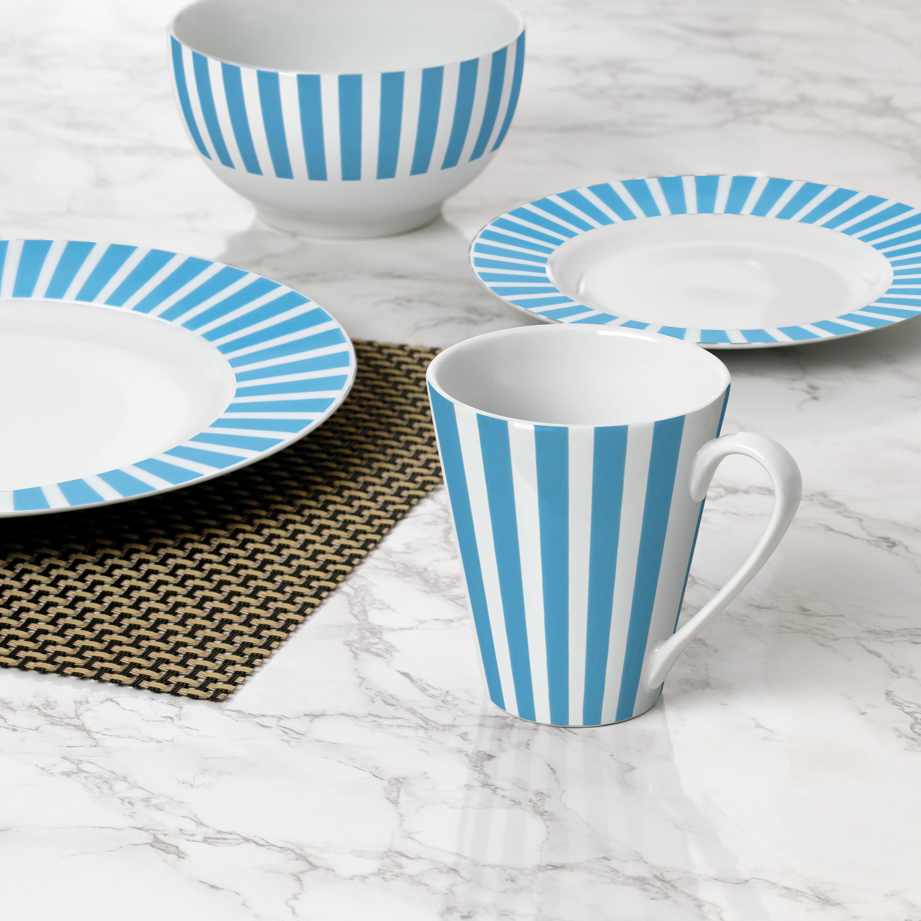 Waterside 24pc Soft Blue Split Stripe Porcelain Dinnerware Set