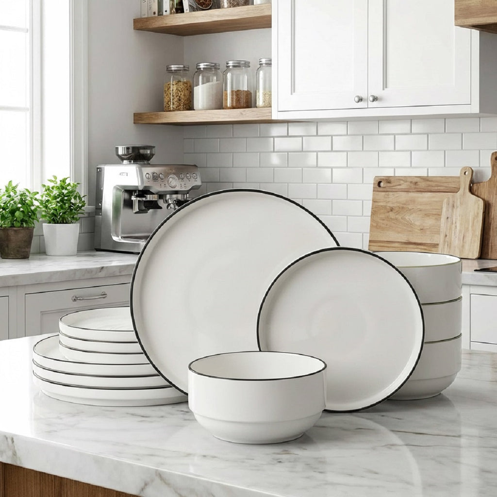 Waterside 12pc Stackable White with Black Rim Porcelain Dinner Set (video attached)