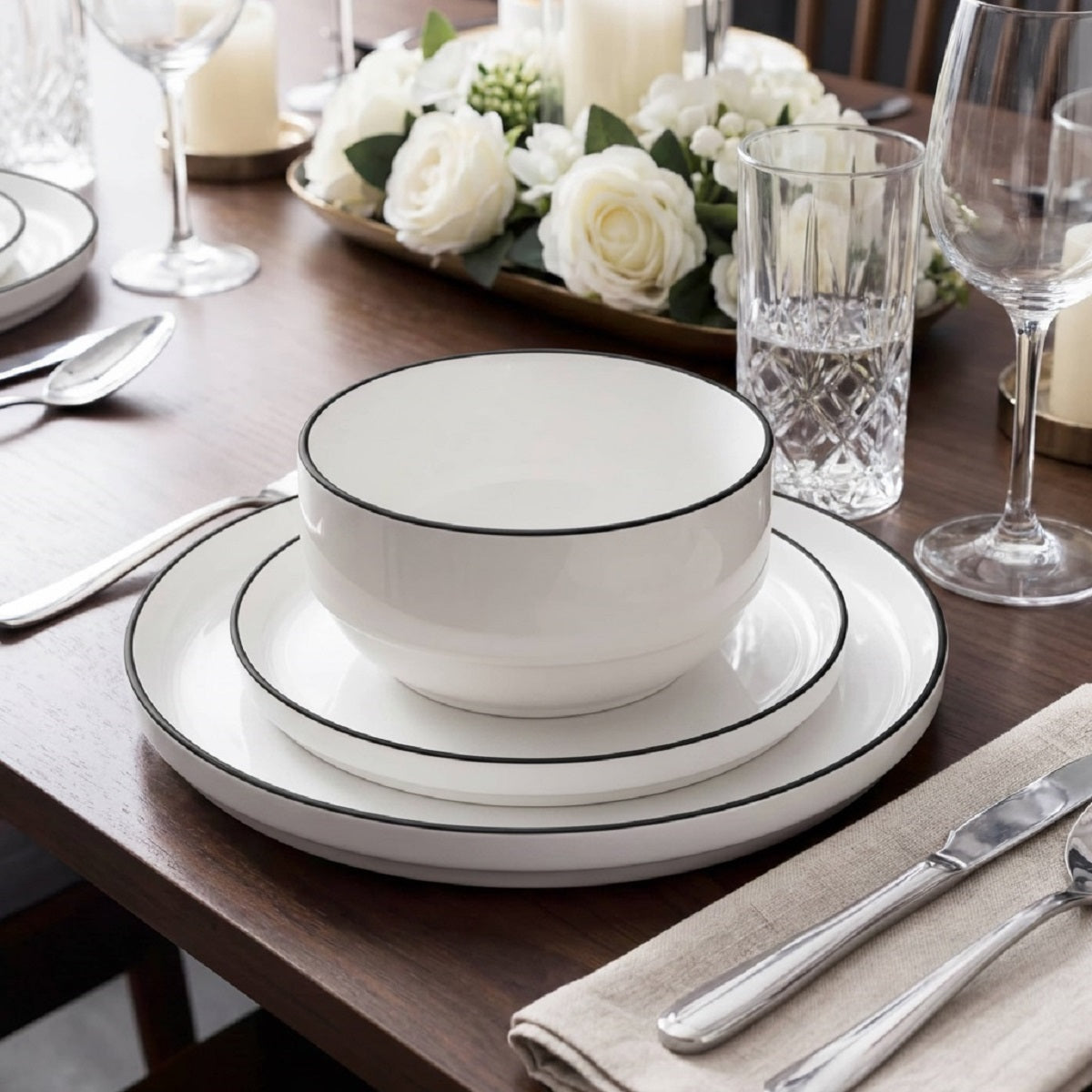 Waterside 12pc Stackable White with Black Rim Porcelain Dinner Set (video attached)