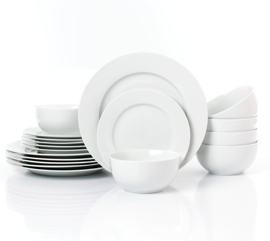 Waterside 18pc White RIM Porcelain Dinnerware Set; 6 Dinner Plates, Side Plates & Bowls (video attached)