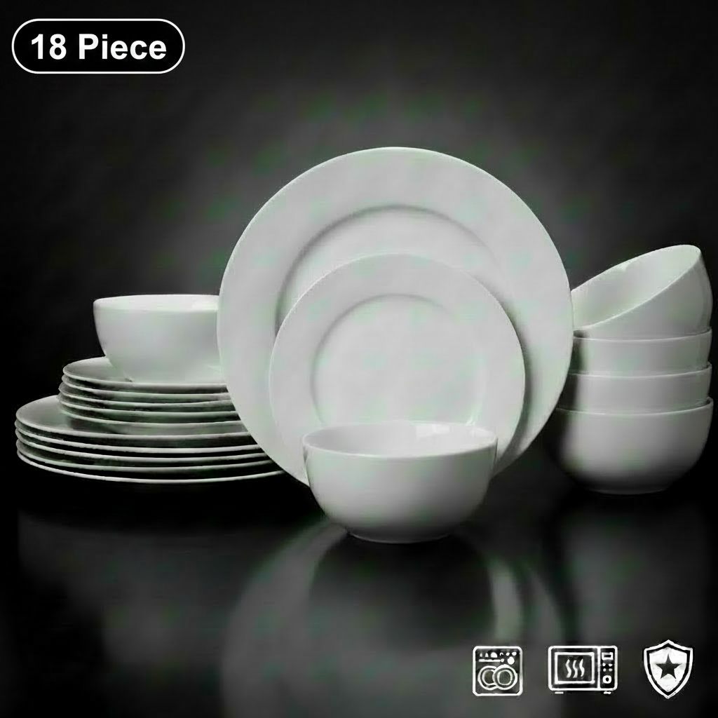 Waterside 18pc White RIM Porcelain Dinnerware Set; 6 Dinner Plates, Side Plates & Bowls (video attached)