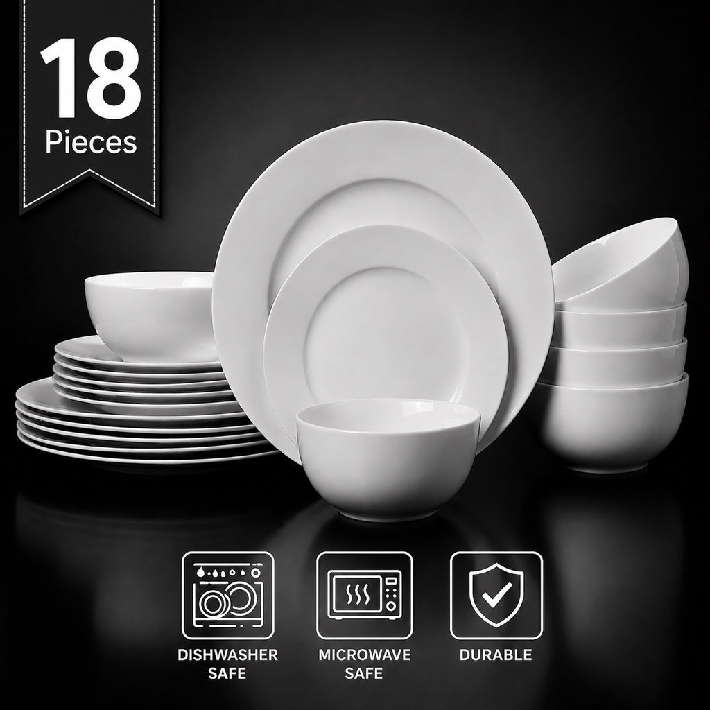 Waterside 18pc White RIM Porcelain Dinnerware Set; 6 Dinner Plates, Side Plates & Bowls (video attached)