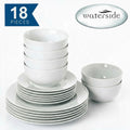 A 18-piece white ceramic dinnerware set including plates, bowls, and saucers, arranged on a white background with a blue '18 PIECES' badge and a silver 'waterside' logo.