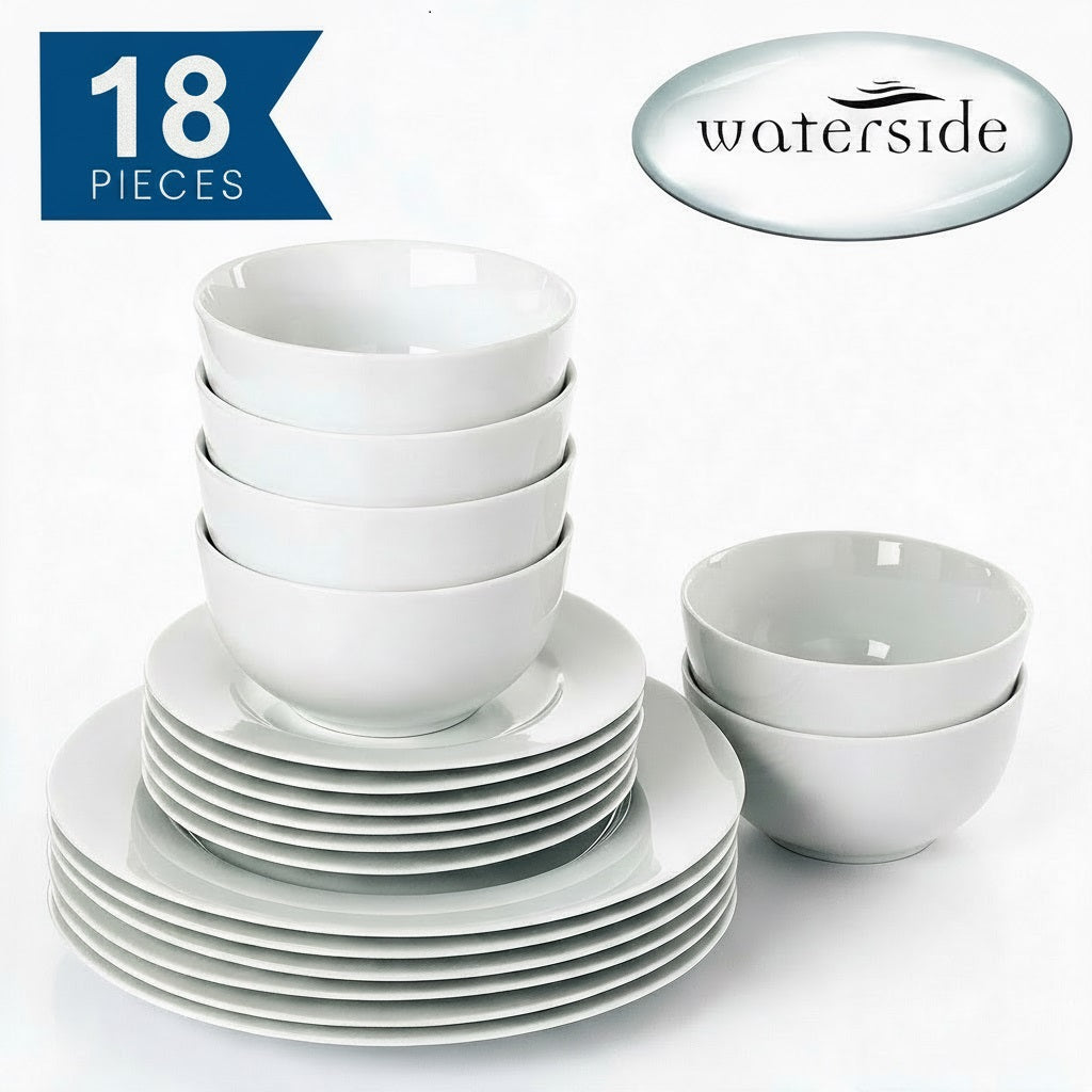 A 18-piece white ceramic dinnerware set including plates, bowls, and saucers, arranged on a white background with a blue '18 PIECES' badge and a silver 'waterside' logo.