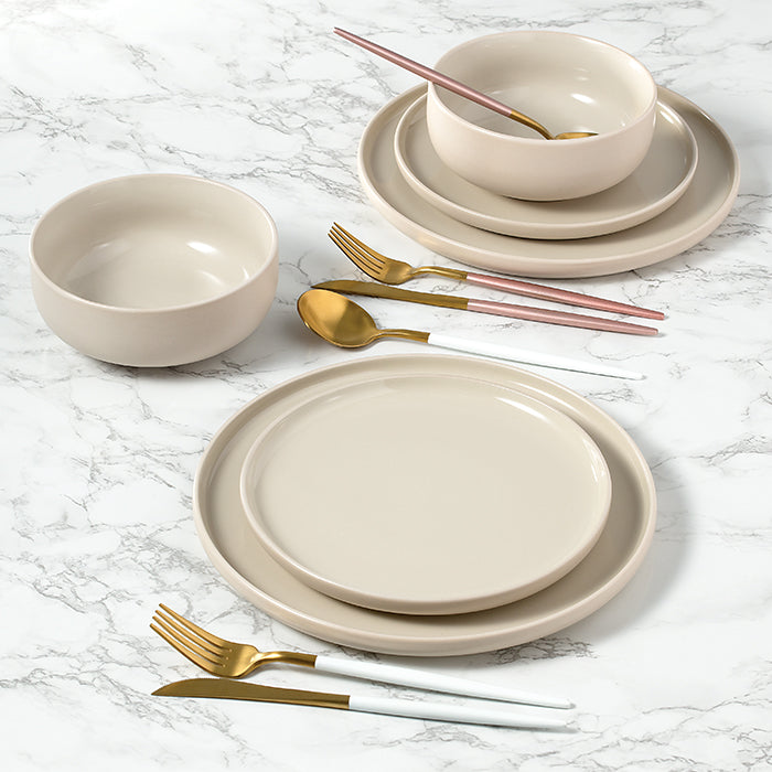 2tone (Matt & Shiny) Stone & Cream Stoneware Dinnerware Set, 12 Pieces