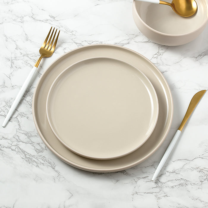 2tone (Matt & Shiny) Stone & Cream Stoneware Dinnerware Set, 12 Pieces