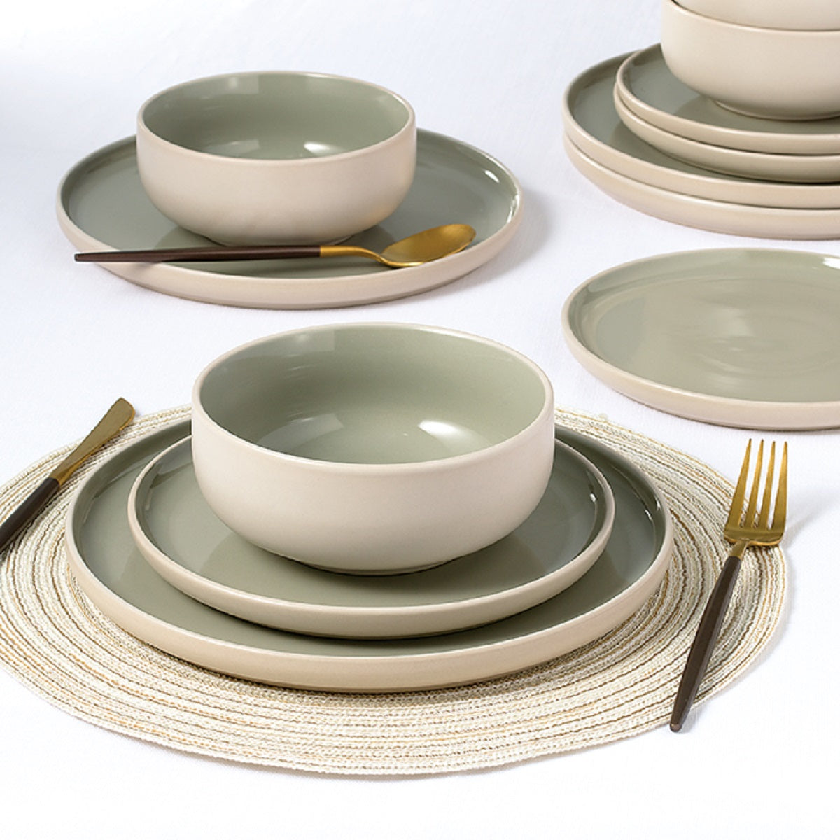 2tone (Matt & Shiny) Green & Cream Stoneware Dinnerware Set, 12 Pieces
