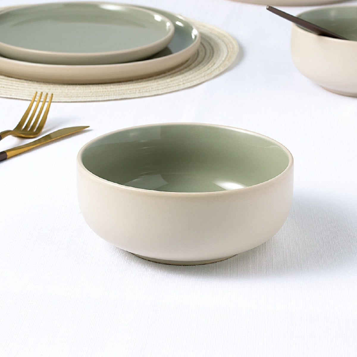 2tone (Matt & Shiny) Green & Cream Stoneware Dinnerware Set, 12 Pieces