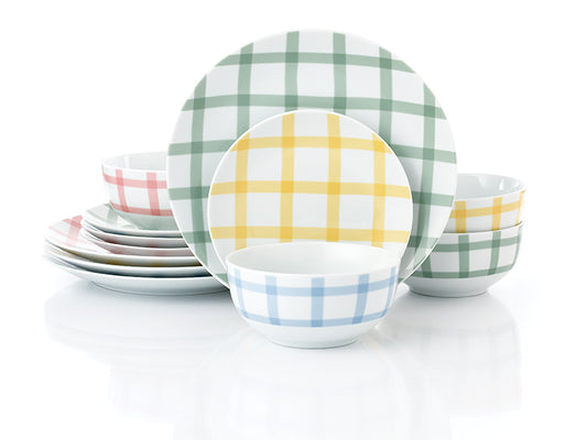 Gingham Pastels Porcelain Dinnerware Set, 12 Pieces