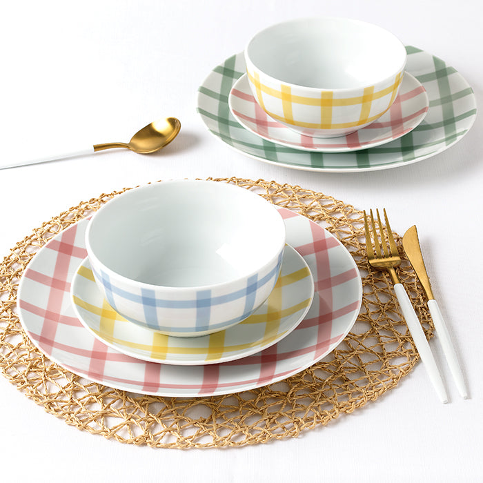 Waterside 12pc Gingham Pastels Porcelain Dinnerware Set