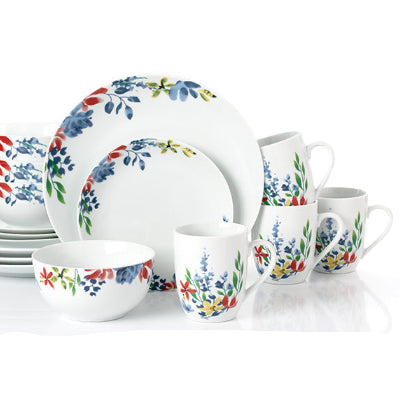 Dinnerware set with floral patterns on a white background
