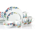 Dinnerware set with floral patterns on a white background