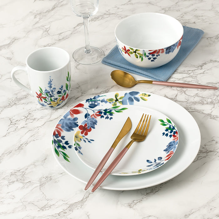 Waterside 16pc Watercolour Floral Porcelain Dinnerware Set; 4 Dinner Plates, Side Plates, Deep Bowls & Mugs (video included)