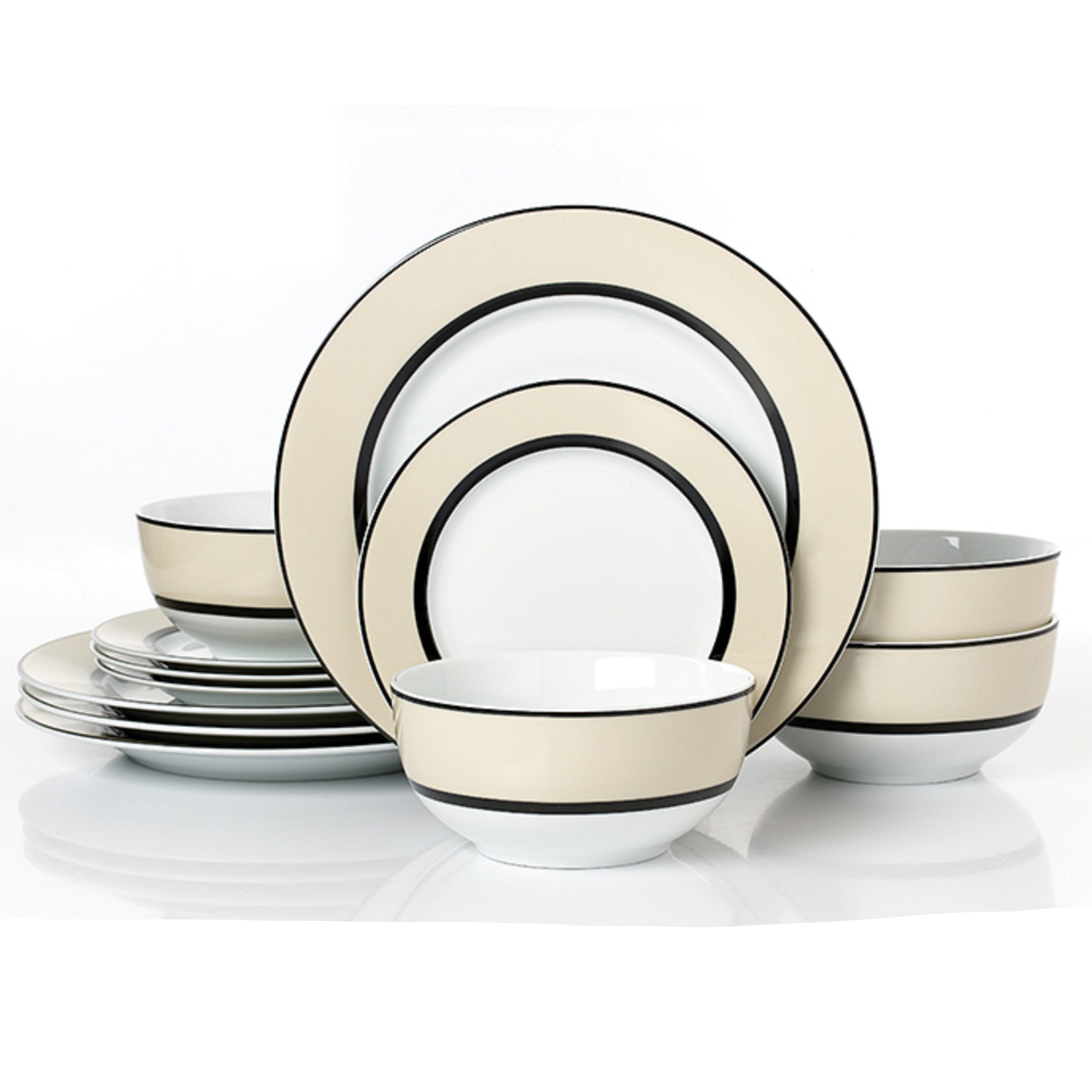 Waterside 12pc Cream Band Porcelain Dinnerware Set (video attached)