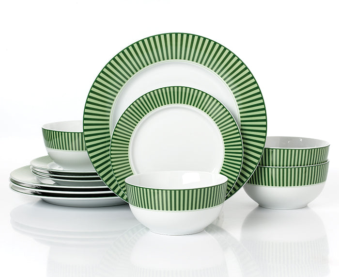 Waterside 12pc Belmont Green Stripe Porcelain Dinnerware Set (video attached)