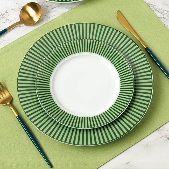 Waterside 12pc Belmont Green Stripe Porcelain Dinnerware Set (video attached)