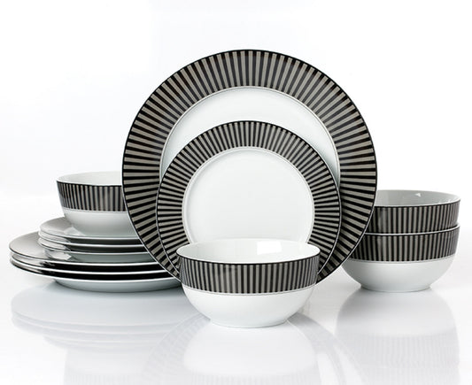 Belmont Black Stripe Porcelain Dinnerware Set, 12 Pieces