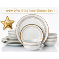 A 12-piece gold swirl dinner set displayed on a clean white background, featuring white ceramic plates and bowls with elegant gold metallic swirl patterns. A gold star graphic with '12pcs' text is on the left, and a banner at the top reads 'wow offer Gold Swirl Dinner Set'.