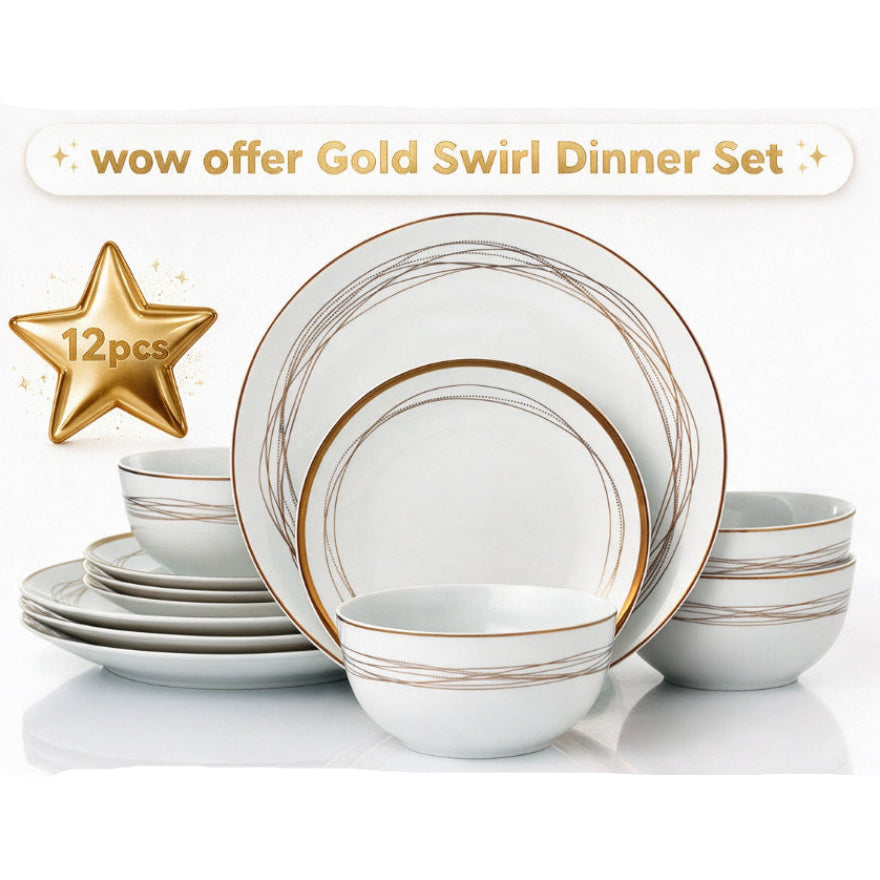 A 12-piece gold swirl dinner set displayed on a clean white background, featuring white ceramic plates and bowls with elegant gold metallic swirl patterns. A gold star graphic with '12pcs' text is on the left, and a banner at the top reads 'wow offer Gold Swirl Dinner Set'.