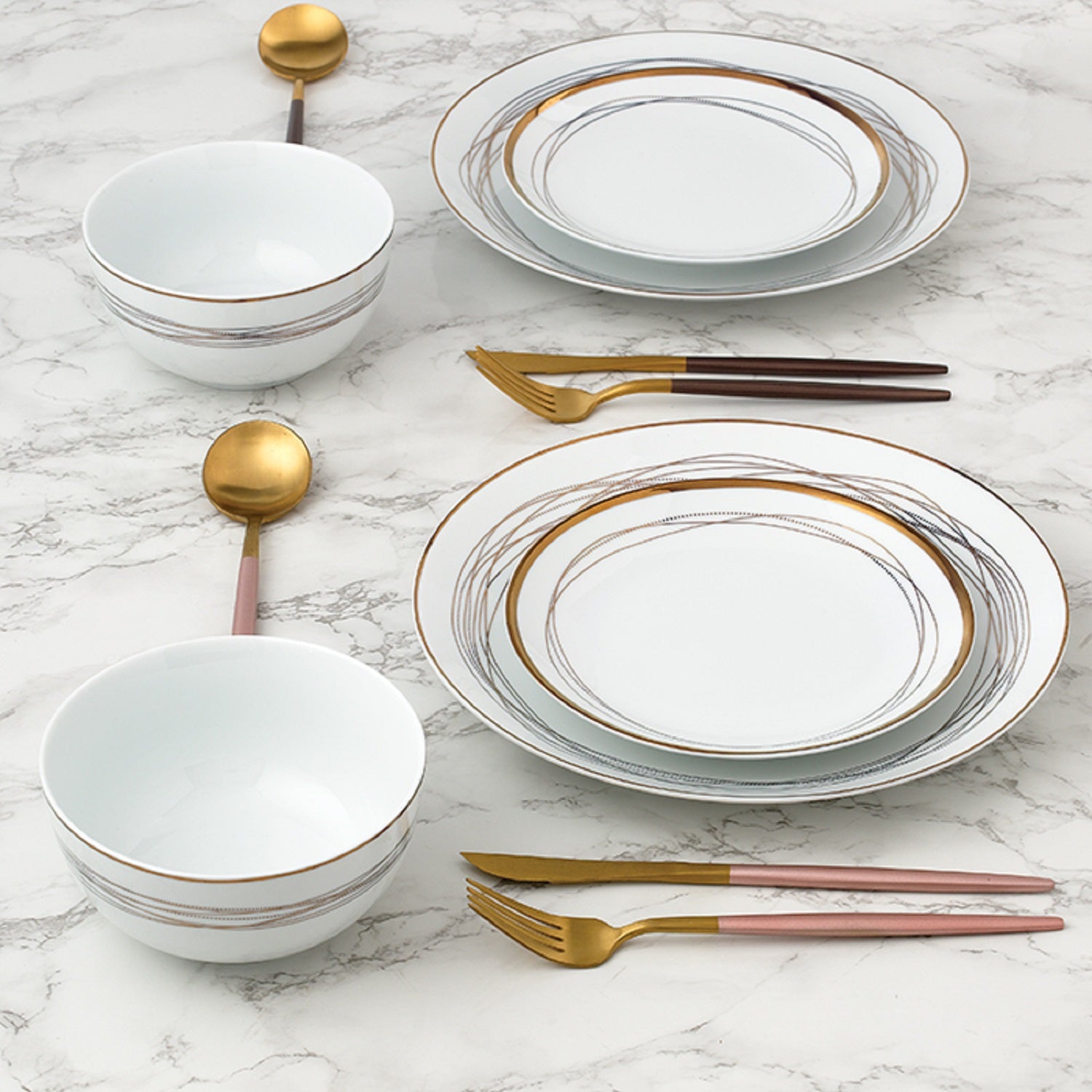 Waterside 12pc GOLD Swirl Porcelain Dinnerware Set; (video attached) 4 Dinner Plates, Side Plates & Deep Bowls