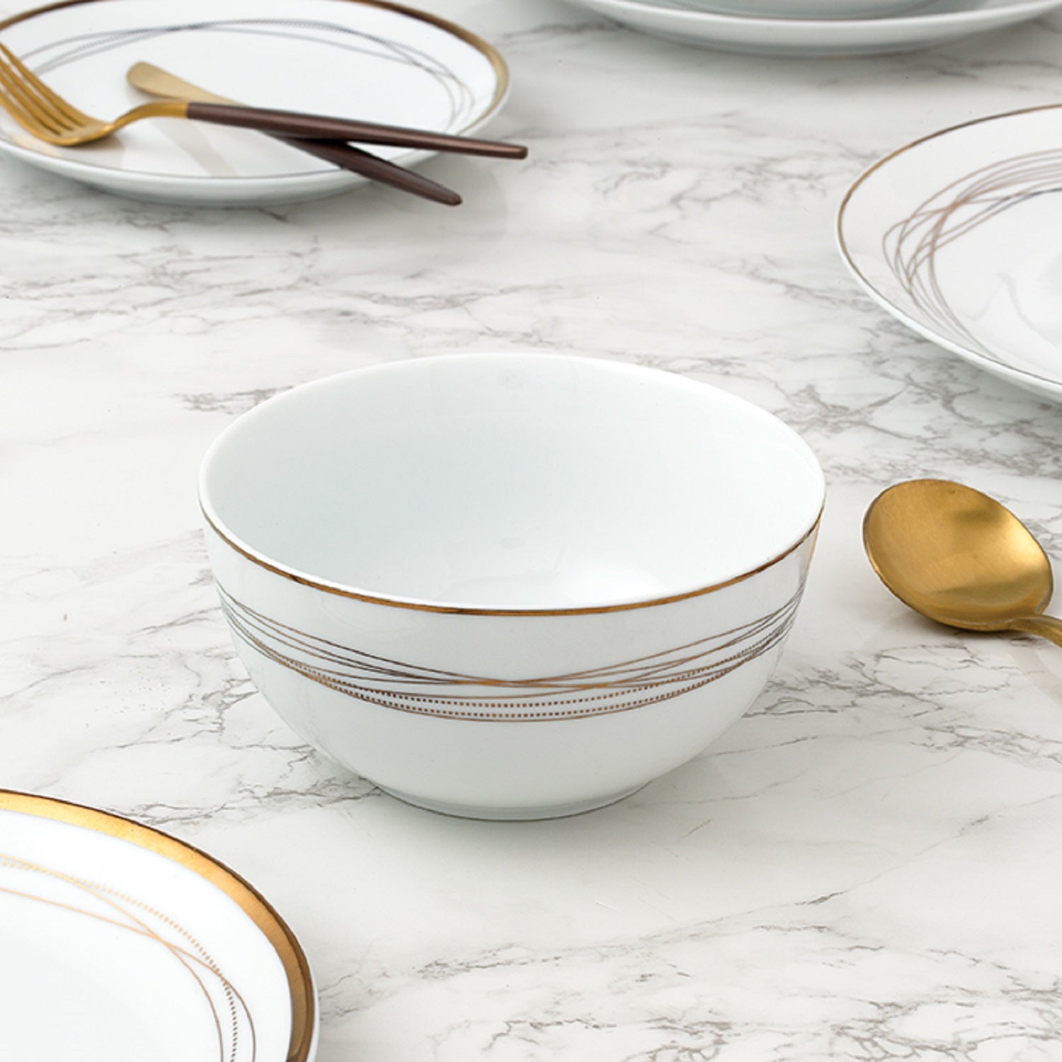 Waterside 12pc GOLD Swirl Porcelain Dinnerware Set; (video attached) 4 Dinner Plates, Side Plates & Deep Bowls