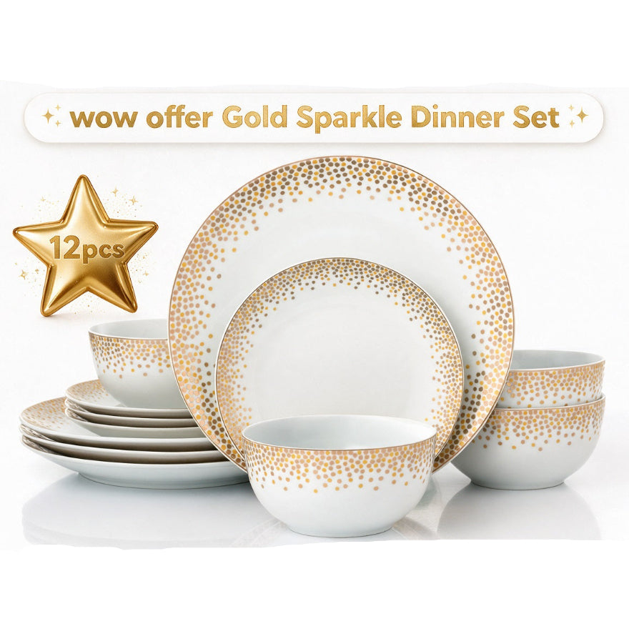 A 12-piece gold sparkle dinner set on a white background, featuring plates and bowls with a gold dotted border pattern. Includes a gold star graphic with '12pcs' and a banner reading 'wow offer Gold Sparkle Dinner Set'.