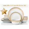 A 12-piece gold sparkle dinner set on a white background, featuring plates and bowls with a gold dotted border pattern. Includes a gold star graphic with '12pcs' and a banner reading 'wow offer Gold Sparkle Dinner Set'.