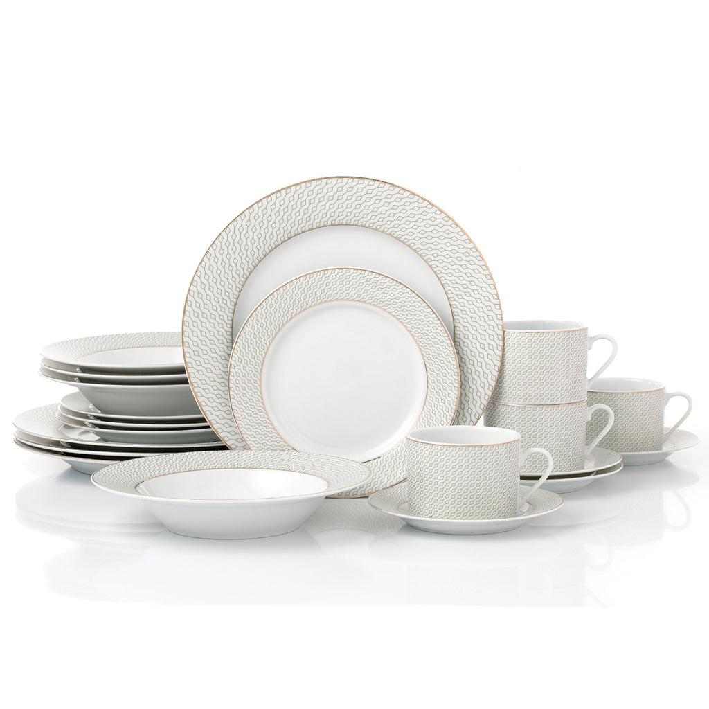 Waterside Premium 20pc Diamond & Gold Porcelain Dinnerware (video attached)