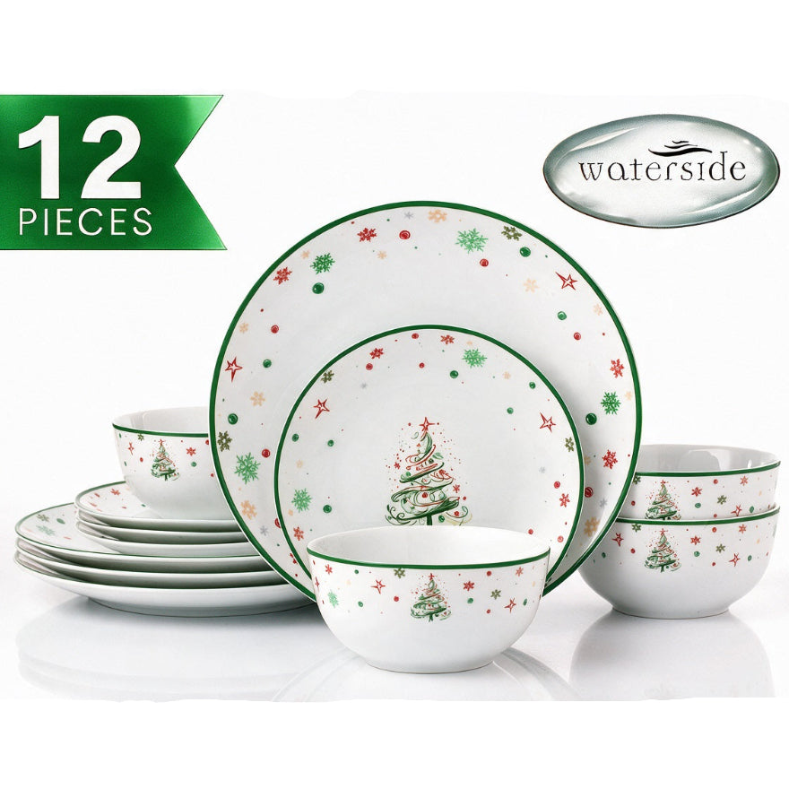 A 12-piece Waterside Christmas tableware set featuring white ceramic plates and bowls decorated with green rims, red and green stars, and a small Christmas tree motif, shown on a white background with promotional text overlays.