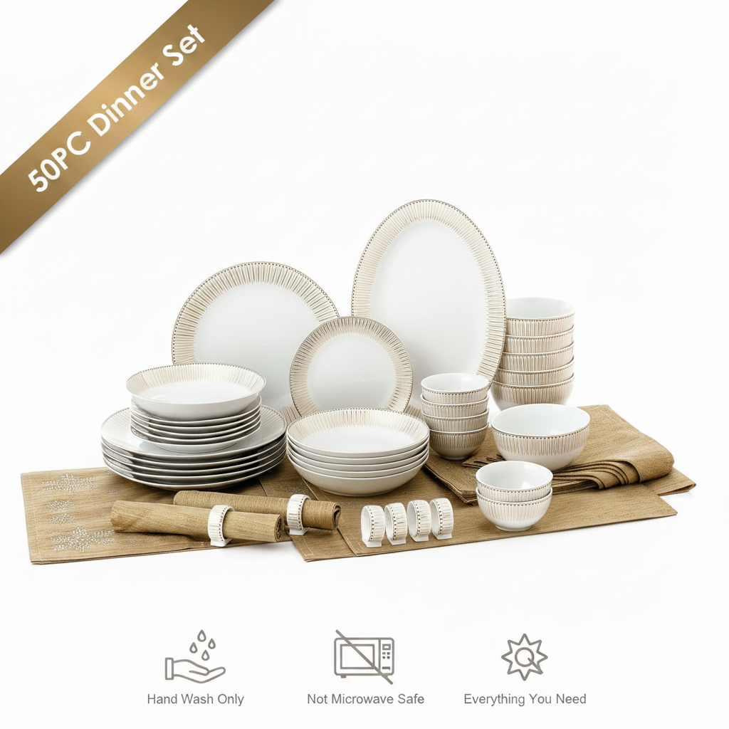 50pc Waterside GOLD Radiance Porcelain Dinnerware Set (video attached)