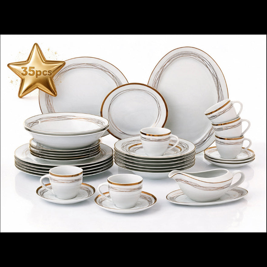 A 35-piece white porcelain dinnerware set with elegant gold and gray striped borders, displayed on a clean white background with a gold star graphic indicating '35pcs'.