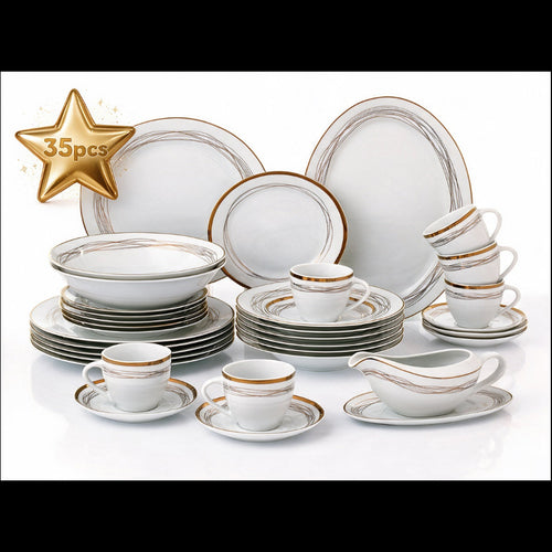A 35-piece white porcelain dinnerware set with elegant gold and gray striped borders, displayed on a clean white background with a gold star graphic indicating '35pcs'.