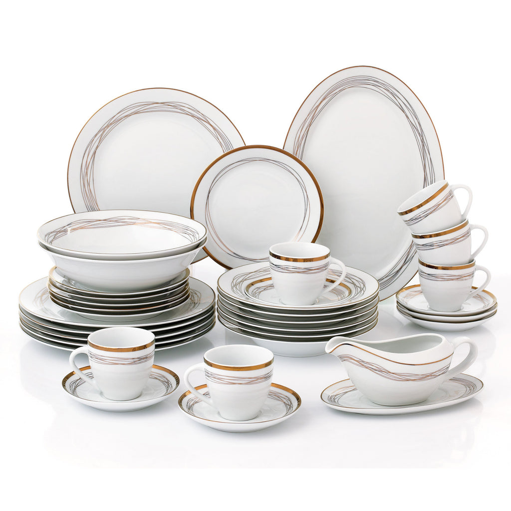 35pc Waterside Gold Swirl Porcelain Dinnerware Set (video attached)