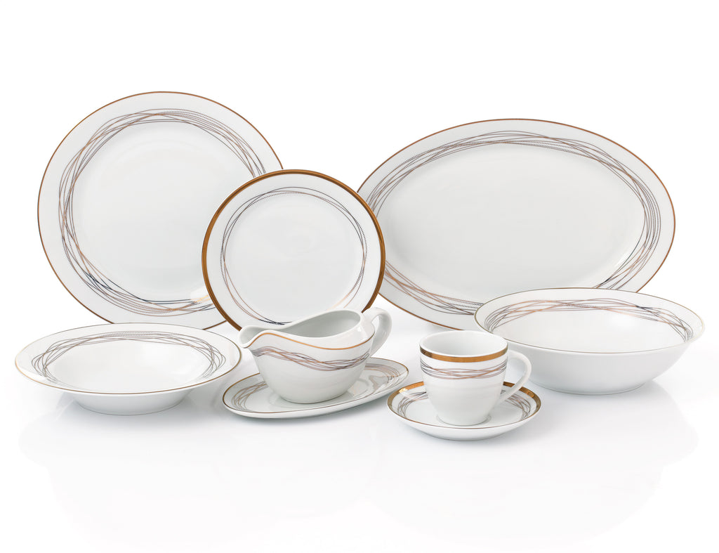 35pc Waterside Gold Swirl Porcelain Dinnerware Set (video attached)