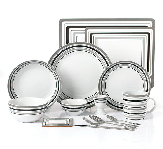 Grey Brompton Combination Tableware Set; Porcelain, Placemats and Cutlery, 80 Pieces