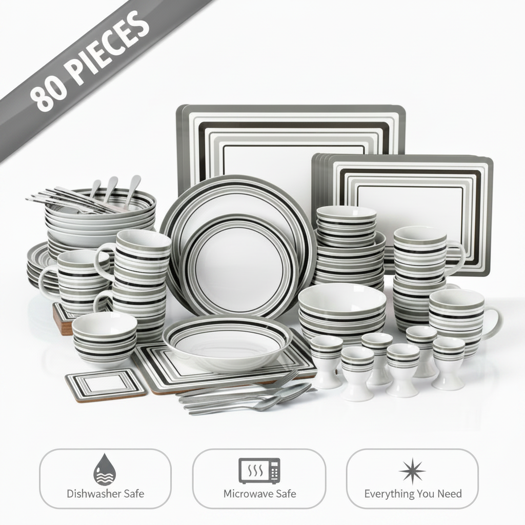 80pc Waterside Grey Brompton Combination Tableware Set; Porcelain, Placemats and Cutlery