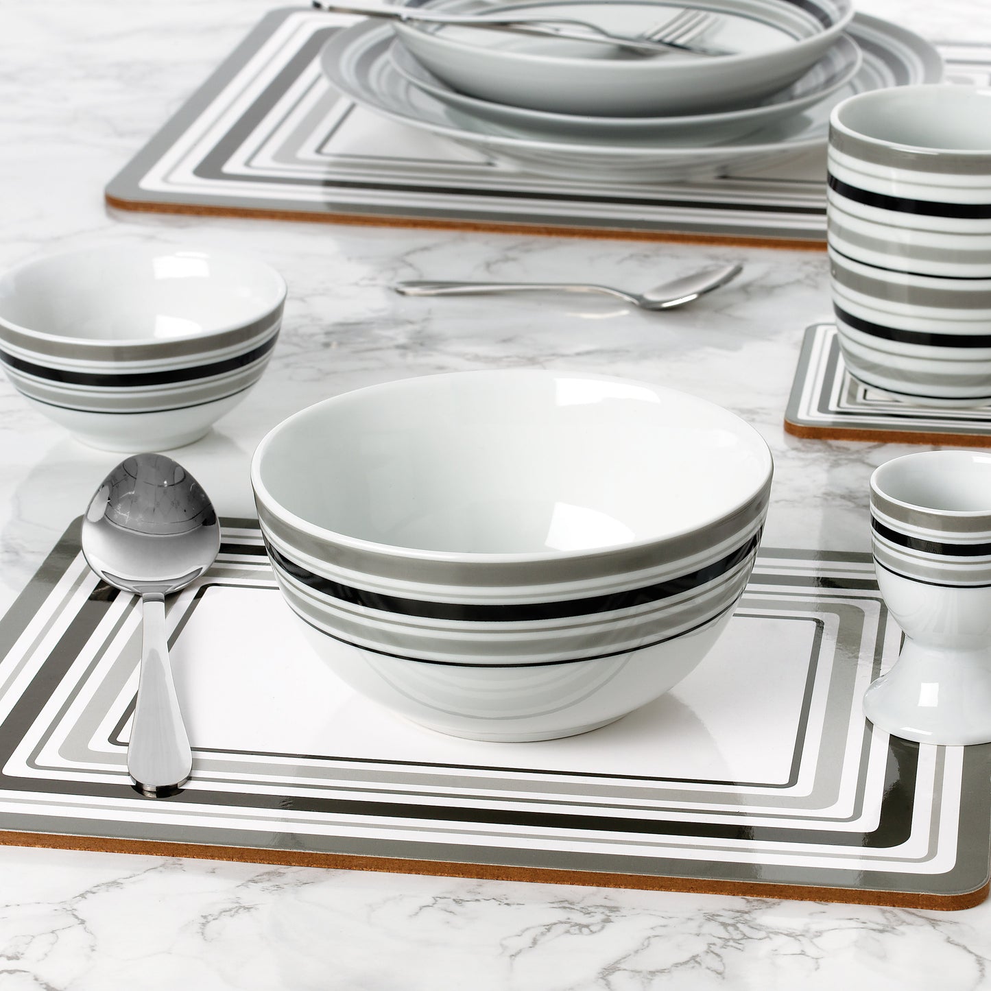 Grey Brompton Combination Tableware Set; Porcelain, Placemats and Cutlery, 80 Pieces