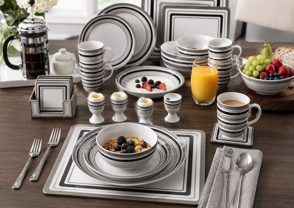80pc Waterside Grey Brompton Combination Tableware Set; Porcelain, Placemats and Cutlery