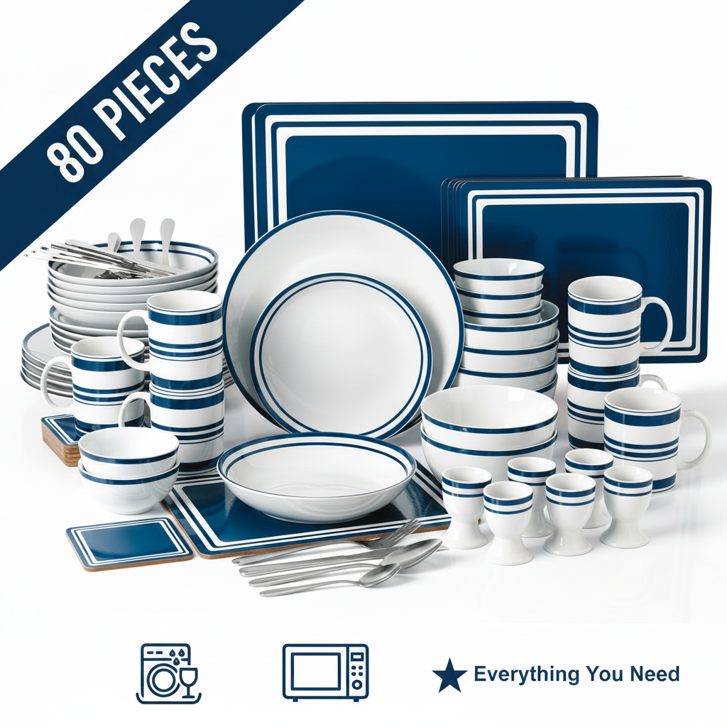 80pc Waterside Blue Bistro Combination Tableware Set; Porcelain, Placemats and Cutlery