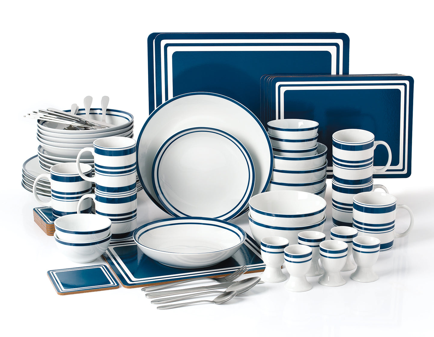 Blue Bistro Combination Tableware Set; Porcelain, Placemats and Cutlery, 80 Pieces