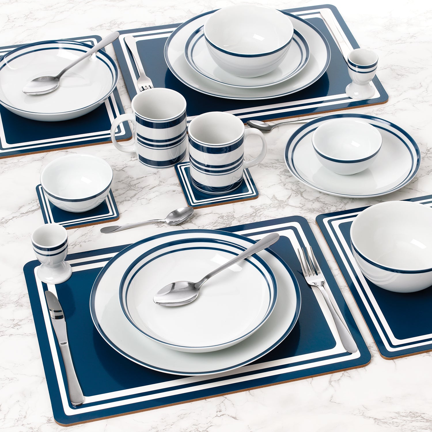 80pc Waterside Blue Bistro Combination Tableware Set; Porcelain, Placemats and Cutlery