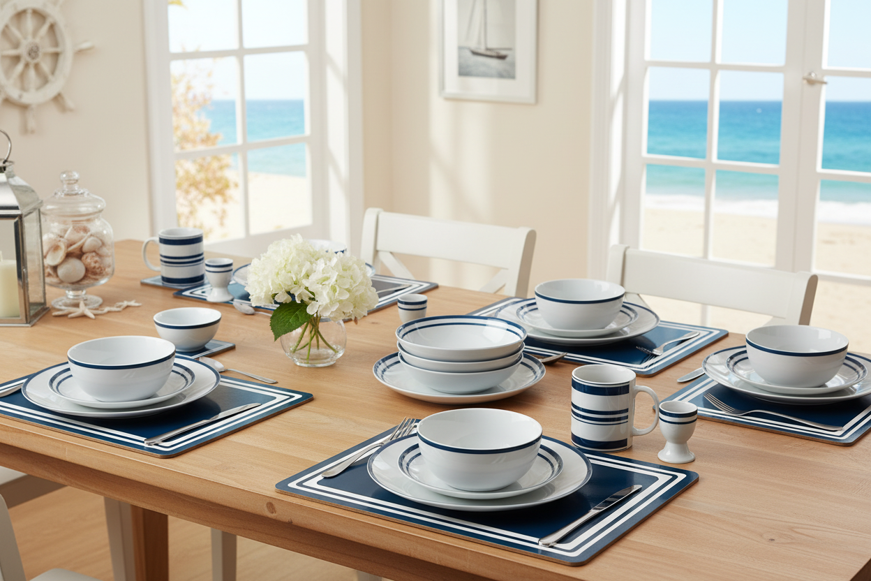 80pc Waterside Blue Bistro Combination Tableware Set; Porcelain, Placemats and Cutlery