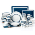 Dinnerware set with blue and white stripes on a white background