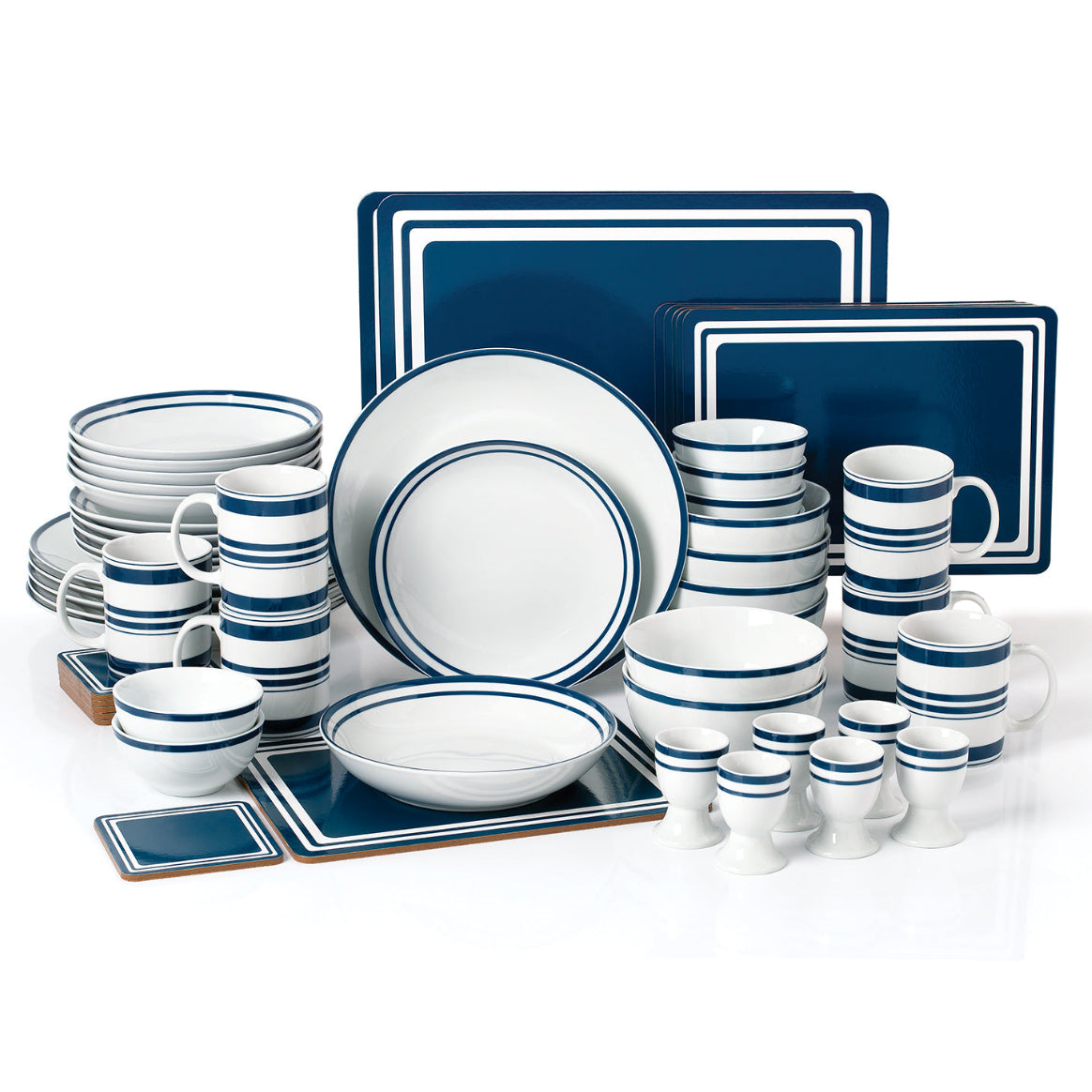 Dinnerware set with blue and white stripes on a white background
