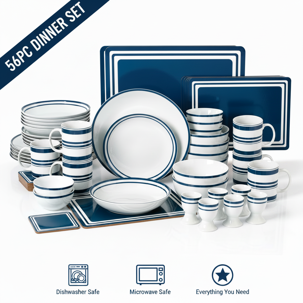 COMBINATION Dinnerware Set - Blue Bistro, 56 Pieces