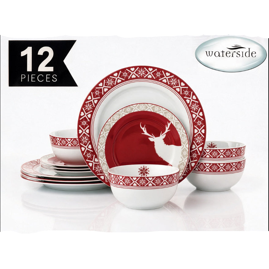 A 12-piece ceramic dinnerware set with a red and white holiday theme, featuring a large plate with a white stag silhouette on a red center, patterned rims, and matching bowls and plates, shown on a white background with 'waterside' and '12 PIECES' graphics.